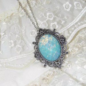 Rainbow Blue Moonstone FIre Opal Necklace Cameo